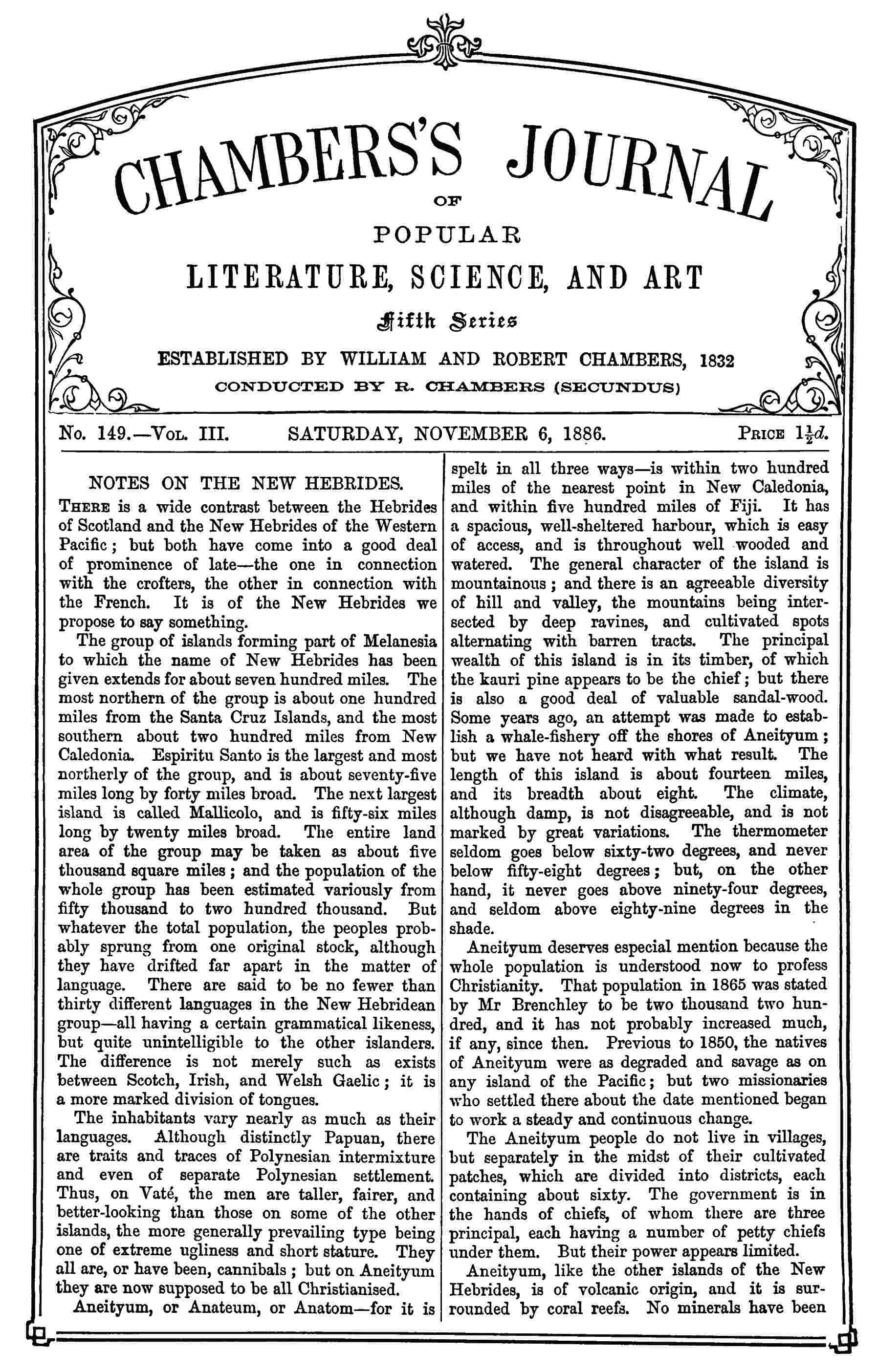 Chambers's Journal of Popular Literature, Science, and Art, fifth series, no. 149, vol. III, November 6, 1886